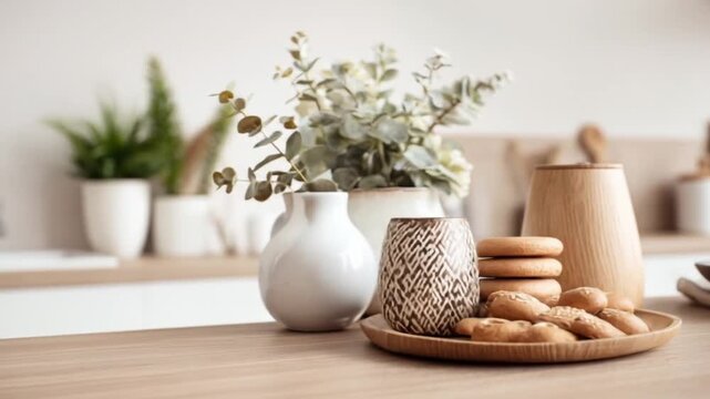 A light-filled kitchen scene displays a wooden tray with cookies and decorative ceramics.
