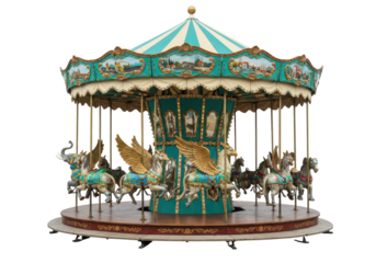 Isolated merry go round carousel featuring winged horses, fun fair ride entertainment