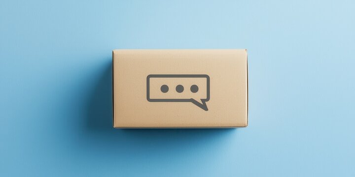 A minimalist image of a brown box with a speech bubble icon on a blue background, symbolizing communication or messaging.
