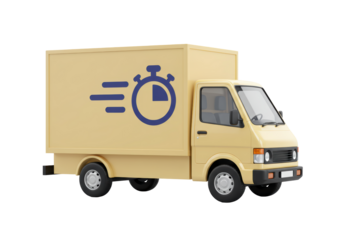 Isolated Light Yellow Delivery Van with Stopwatch Icon on Body, Ready for Transit
