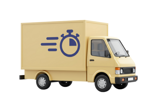Isolated Light Yellow Delivery Van with Stopwatch Icon on Body, Ready for Transit