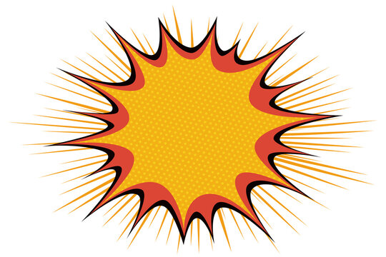 Retro comic explosion burst with yellow halftone. Boom or bubble Star sound effect. Cartoon style speech bubble or starburst graphic element for pop art background, poster frame illustration.