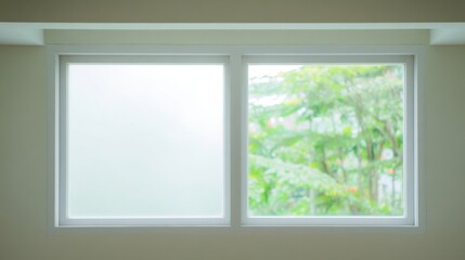A double hung window with one opaque and one clear pane reveals lush greenery outside,
