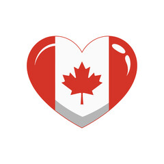 Canada flag heart icon, red maple leaf center, glossy sticker style, national love emblem, travel canada vector illustration