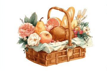 watercolor illustration of a picnic basket with bread, fruits, and flowers, delicate pastel tones, rustic cozy style, on white background
