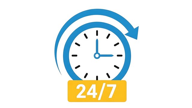 Vector graphic of a twenty four seven service clock for business availability and support online all time on transparent background