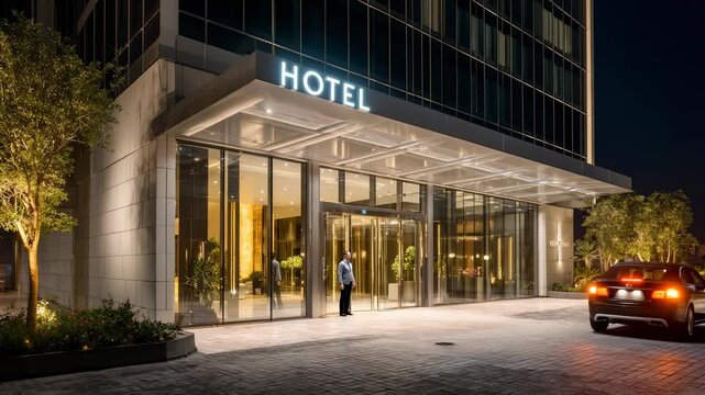 Modern luxury hotel entrance at night with glass facade, bright lights and parked car near doorway