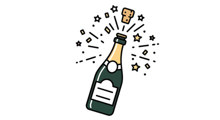 Celebratory champagne bottle popping its cork with stars.