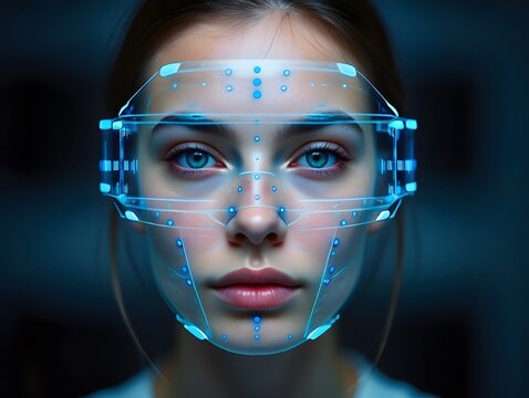 Woman wearing futuristic holographic augmented reality glasses