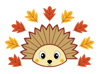 Obraz premium Cute cartoon hedgehog with autumn leaves vector illustration isolated design