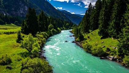 Turquoise Glacial River Flowing Through A Lush Alpine Valley.