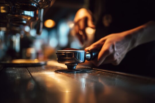 Barista's hands holding a portafilter with ground coffee over a professional espresso machine.