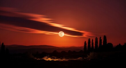 Majestic Full Moonrise Over Silhouetted Tuscan Landscape