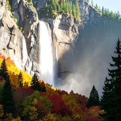 Majestic waterfall cascading down rocky cliffs, autumn foliage