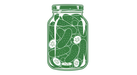 Illustrated glass jar filled with green pickles and slices.