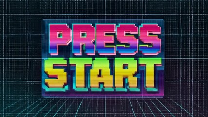 Retro neon press start text with vibrant pixel style design on futuristic digital grid background - Powered by Adobe