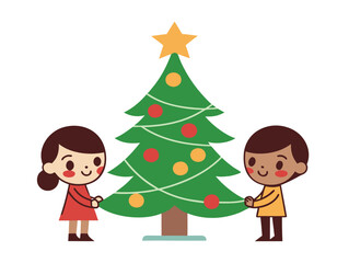 Fototapeta premium Children decorate Christmas tree together festive seasonal illustration holiday celebration