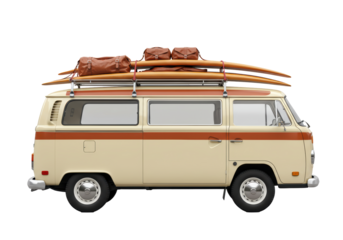 Isolated camper van with surfboards and luggage on roof ready for summer vacation