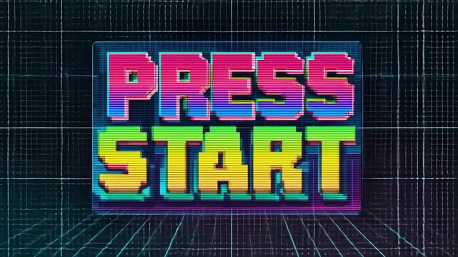 Retro neon press start text with vibrant pixel style design on futuristic digital grid background