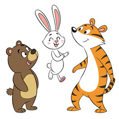 A friendly brown bear a joyful white bunny and a smiling orange tiger stand together in a playful cartoon illustration against a clean white background