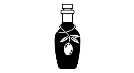 Olive oil bottle with olive branch illustration.