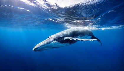 Fototapeta premium close up of a blue whale swimming in the clear ocean natural background with beautiful lighting