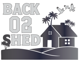 "Back to the Shed" A tranquil, tropical-themed design for a peaceful escape.  This artwork features a simplified, modern house and palm trees on a rolling landscape, with birds flying overhead. 