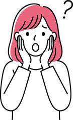 Cartoon character with pink hair, surprised expression, hands on cheeks, question mark above head, confusion, uncertainty, reaction, emotion, flat design, vector illustration, stock art