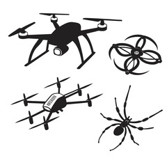 Collection of black silhouette illustrations featuring multiple types of drones and a spider symbolizing technology surveillance and nature