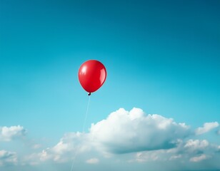 a single red balloon floating peacefully in a soft blue sky with minimal white clouds