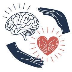Conceptual illustration representing the interconnectedness of mental health emotional well being and compassionate care with a brain heart and supportive hands in a harmonious composition