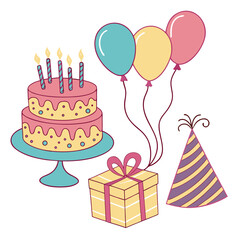 A festive collection of birthday celebration elements including a two tiered cake with lit candles colorful balloons a wrapped gift box and a party hat all on a white background