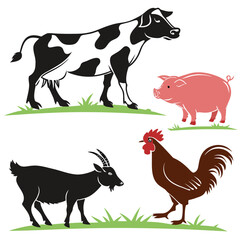 A charming collection of farm animals including a black and white cow a pink pig a black goat and a brown rooster standing on green grass against a white background
