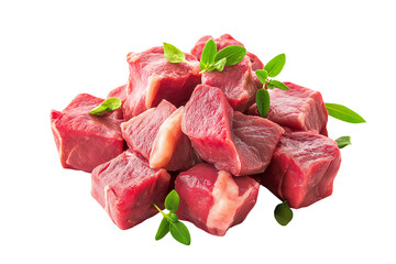 Raw chopped lamb fillet diced into tender cubes, isolated on transparent or white background, ideal for culinary, recipe, meat, and gourmet projects.