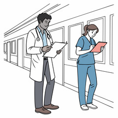 A male doctor in a white lab coat and a female nurse in blue scrubs stand in a hospital hallway reviewing medical charts and patient information on clipboards