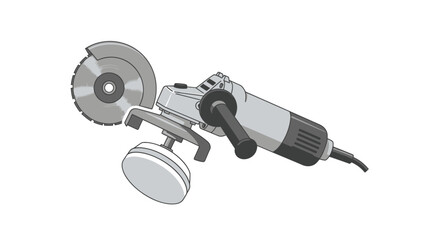Monochrome illustration of an electric angle grinder with attachments.