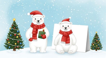Two Polar Bears Celebrate Christmas with Gifts.
