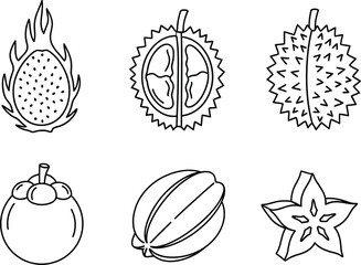Exotic Tropical Fruits Icons | Dragonfruit Durian Mangosteen Starfruit | Minimal Line Art Vector Illustration.