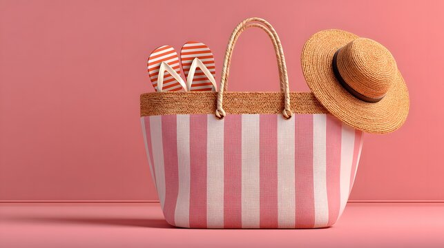 Chic striped beach bag with straw hat and flip-flops evokes summer vacation dreams and seaside adventures.