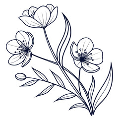 Elegant line art illustration of delicate blooming flowers and buds with slender leaves presented in a minimalist dark blue outline on a clean white background for versatile design applications