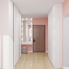 Modern hallway with wooden floor, pink accent walls, large white wardrobes, a vanity mirror with lights, and a quilted ottoman, creating a bright and elegant interior
