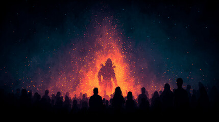 burning effigy of Ravana, symbol of the Dussehra celebration. Festive background illustration, for Indian festival posters, invitations, greeting cards, cultural projects, banners