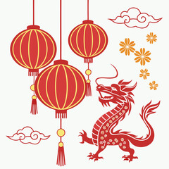 Vibrant red and yellow chinese lanterns and a traditional dragon illustration with decorative clouds and floral elements on a white background symbolizing good fortune and celebration