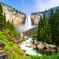 Majestic waterfall cascading down rocky cliffs in a lush green forest
