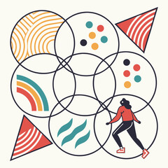 Abstract geometric composition featuring overlapping circles containing diverse patterns and a stylized figure in motion representing creativity and progress