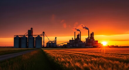 Fototapeta premium Industrial Sunset Landscape with Silhouetted Factory.