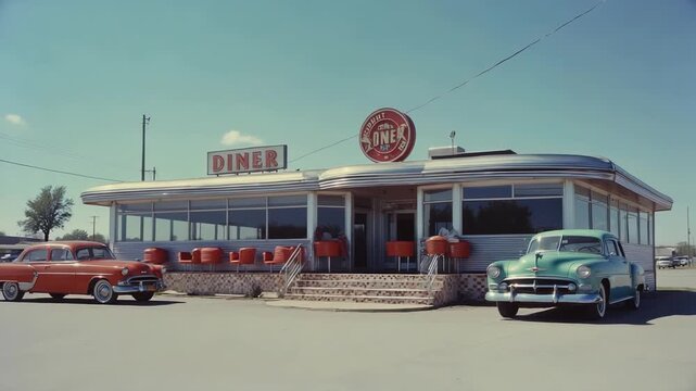 A classic retro diner exterior showcasing vibrant and eyecatching colors