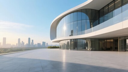 Modern curved glass building with city skyline in the background