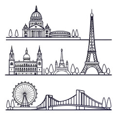 Obraz premium Collection of iconic european city landmarks and architectural styles including famous buildings bridges and ferris wheel in a clean line art illustration style