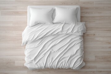 Messy unmade bed with white linens and two pillows on a light wood floor, top-down view.